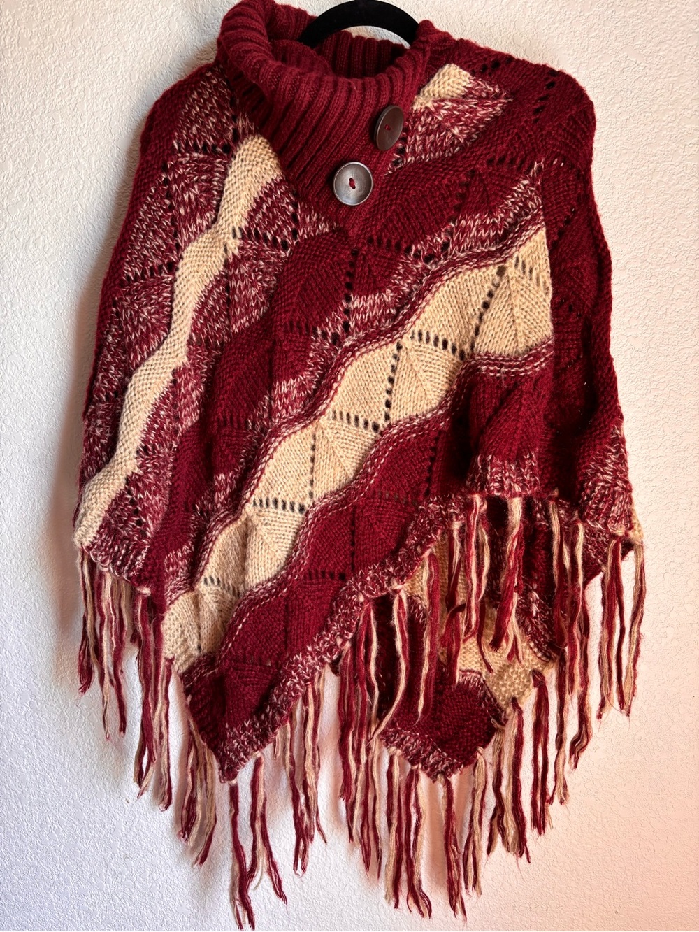 Women's Burgundy and Cream Fringe Knit Poncho Sweater Boho #fairycore